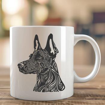 A detailed illustration of a Doberman Pinscher's head with intricate features.