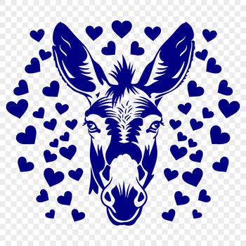 A vector illustration of a friendly donkey with love hearts surrounding its head.