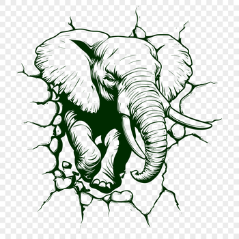 An illustration of a large elephant breaking through a wall.