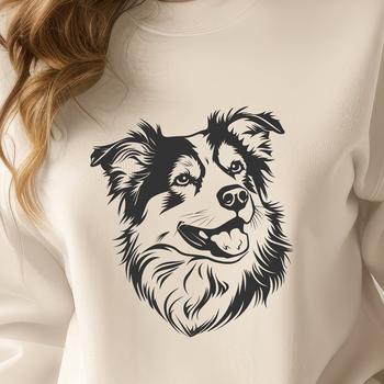 An illustration of a Australian Shepherd dog breed with its head facing forward.