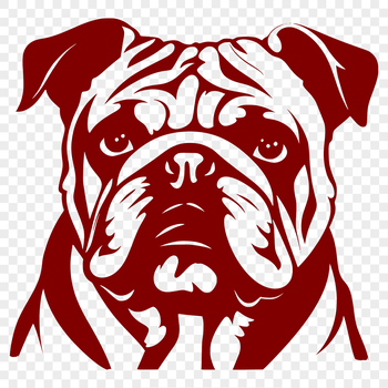Illustrated bulldog head with wrinkled skin and a distinctive underbite.
