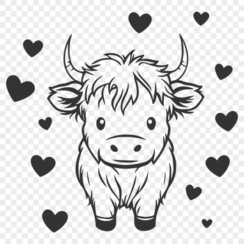 A standing Highland cow with full body, featuring heart symbols and graphics.