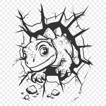A prehistoric dino smashing through a wall, depicted in full body.