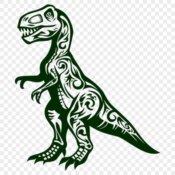 A colorful illustration of a full-body prehistoric dino with scaly skin and sharp teeth.