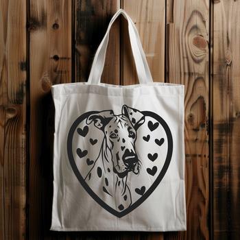Vector graphic design featuring a happy Great Dane's face with heart motifs surrounding it.
