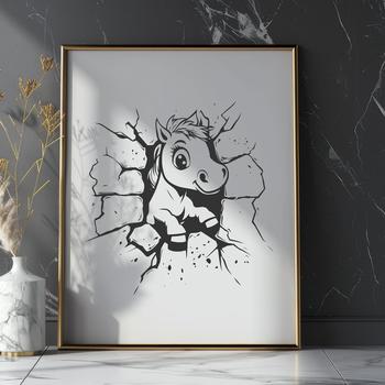 A digital illustration of a horse in motion, breaking through a brick wall.