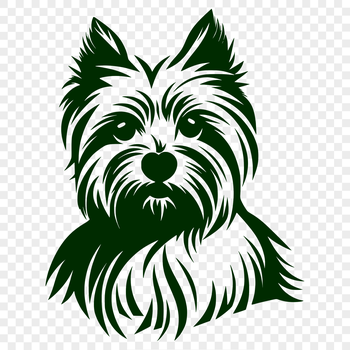 A close-up illustration of a small dog's head with distinctive features, resembling a Yorkshire Terrier breed.