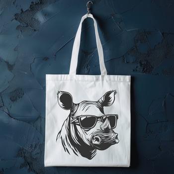 A rhino wearing sunglasses in a savannah environment.