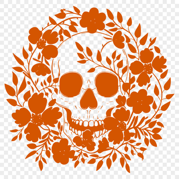 A stylized skull design featuring intricate floral patterns.