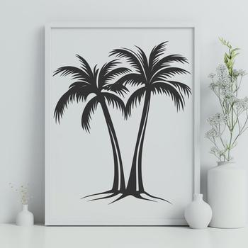 A single palm tree with a clear trunk and foliage against a simple background.