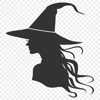 A silhouette illustration of a witch's head with a pointed hat, surrounded by mystical symbols and elements.