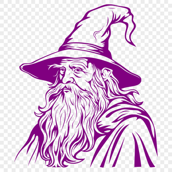 A medieval-style wizard with a long beard and pointed hat, surrounded by magical symbols and flames.