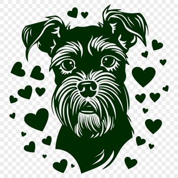A close-up illustration of a Miniature Schnauzer's head, featuring heart-shaped motifs.