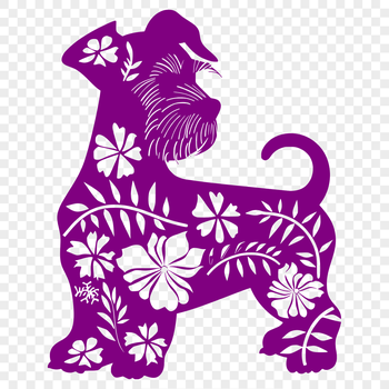 A standing miniature dog with a distinctive bearded face, set against a blurred floral background.