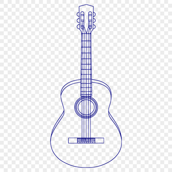 A detailed illustration of a guitar featuring six strings and a body with various shapes and curves.