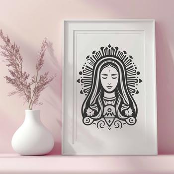 Detailed vector art representation of Our Lady of Guadalupe iconography.