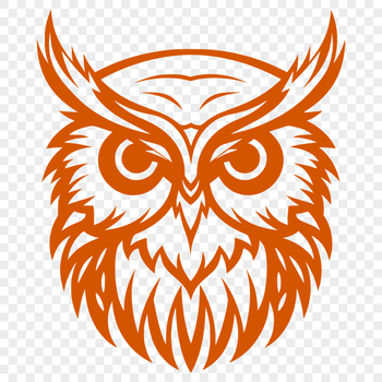 A detailed illustration of an owl's head with feathers and facial features.