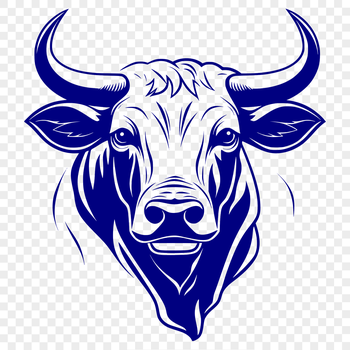 A simple illustration of a cow's head with basic features including ears and horns.