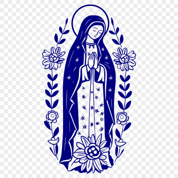 A full-body depiction of the Virgin Mary in ornate attire with floral patterns.