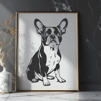 A detailed illustration of a sitting Boston Terrier from the perspective of a vector art design.