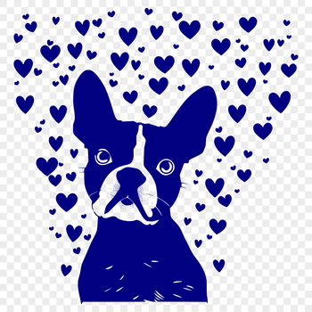 A vector illustration of a happy Boston Terrier with heart-shaped designs on its head.