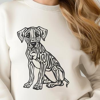 A large, full-body illustration of a sitting Great Dane dog with intricate details.