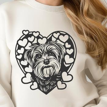 Small breed dog with Havanese characteristics, designed as a vector graphic with love hearts.