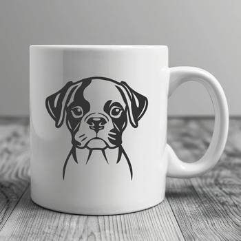 A simple line drawing of a cute dog with a boxer's head.