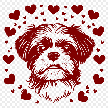 A cute Shih Tzu's head with love hearts surrounding it, ideal as clip art for crafts and designs.