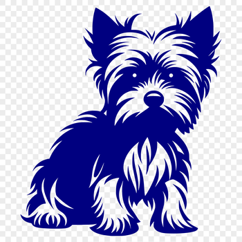 A full-body portrait of a small Yorkshire Terrier sitting on its haunches.