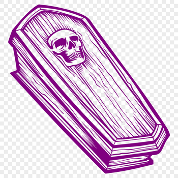 A witch standing next to a coffin in front of a spooky background.