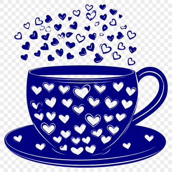 A simple illustration of a coffee cup with love hearts surrounding the rim.
