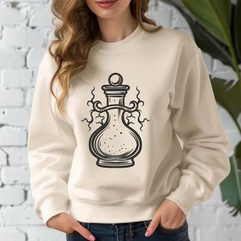 A young witch stirring a bubbling potion in a laboratory setting.