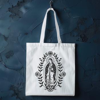 A traditional representation of the Virgin Mary in ornate detail with floral patterns, depicted as a full-length figure.