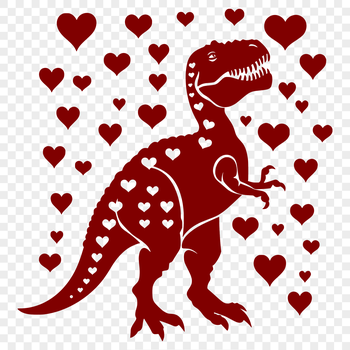 A full-body illustration of a Tyrannosaurus Rex with love hearts incorporated into its design.