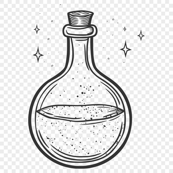 A gothic-style illustration of a witch's potion bottle with mystical symbols and ingredients.