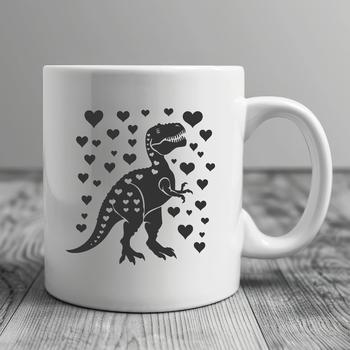 A stylized illustration of a Tyrannosaurus Rex dinosaur in full body form, surrounded by heart shapes.