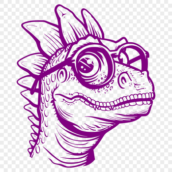A prehistoric dinosaur standing upright on two legs, wearing glasses in a humorous take on the ancient creature.