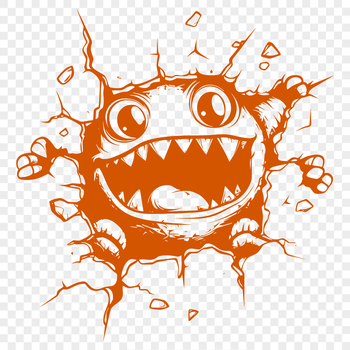 A whimsical monster character smashing through a brick wall in a Halloween-themed illustration.