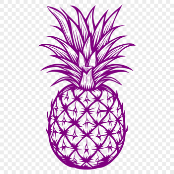 A detailed illustration of a pineapple fruit with ridges and leaves.