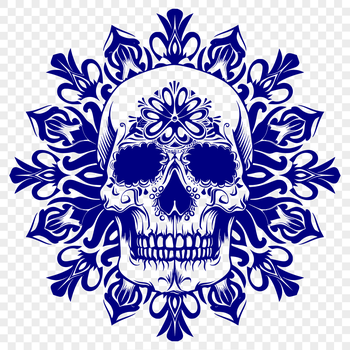 A detailed illustration of an ornate skull, suitable as a template for various design applications.