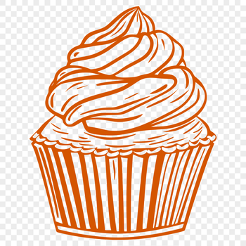 A digital illustration of a single serving-sized cupcake with decorative frosting and sprinkles.