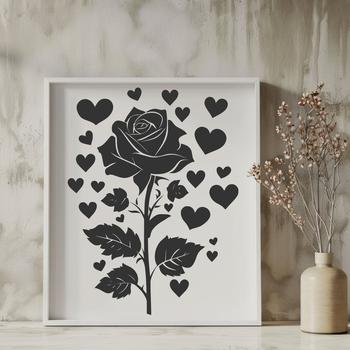 A single rose with heart-shaped petals and leaves in a floral design.