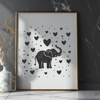 A vector graphic depiction of an elephant in a single pose, incorporating heart elements within its artwork.