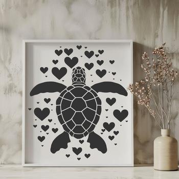 A full-body illustration of a sea turtle with heart motifs surrounding its body.