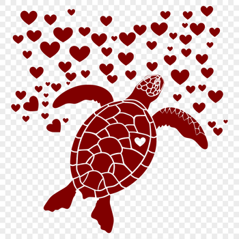 A full-body illustration of a sea turtle with love hearts incorporated into the design.