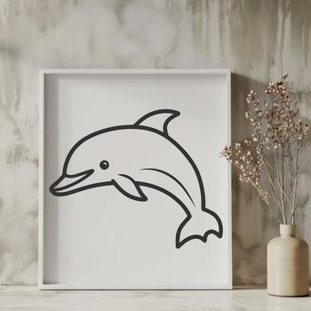 A simple line drawing of a full-body dolphin, suitable for various uses such as clip art or vector design.
