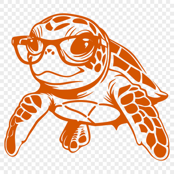 A full-body illustration of a sea turtle wearing glasses, set against a subtle ocean background.