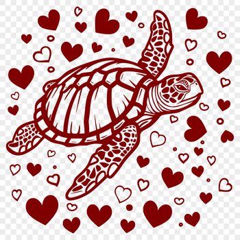 A detailed illustration of a sea turtle, depicted in full body, with love hearts incorporated into its design.