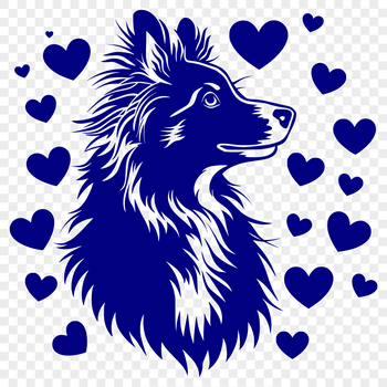 A close-up vector illustration of a Shetland sheepdog's head, featuring stylized love hearts around its face.